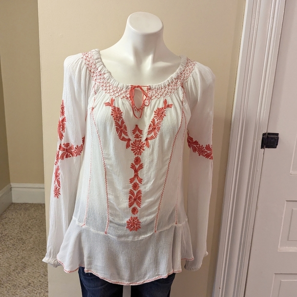 Free People Tops - Free People white top with orange embroidery size small